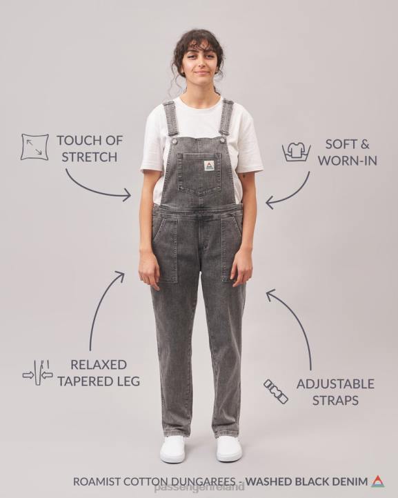WoClothing Passenger 22N8952 Roamist Organic Cotton Dungarees Washed Black Denim Women Black