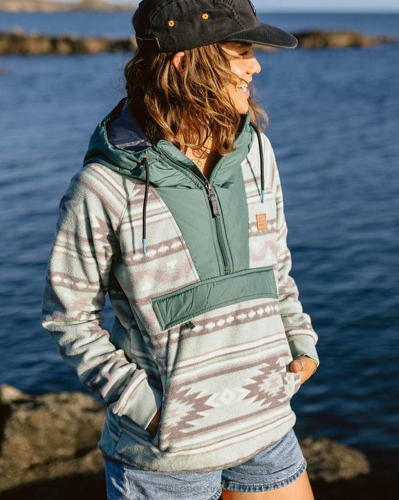 WoClothing Passenger 22N8665 Alexander Hooded 1/2 Zip Recycled Polar Fleece Pistachio Pattern/Deep Ocean Women Pistachio
