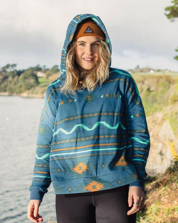 WoClothing Passenger 22N8721 Wilderness Recycled Cotton Printed Hoodie Blue Coral Geo Pattern Two Women Blue